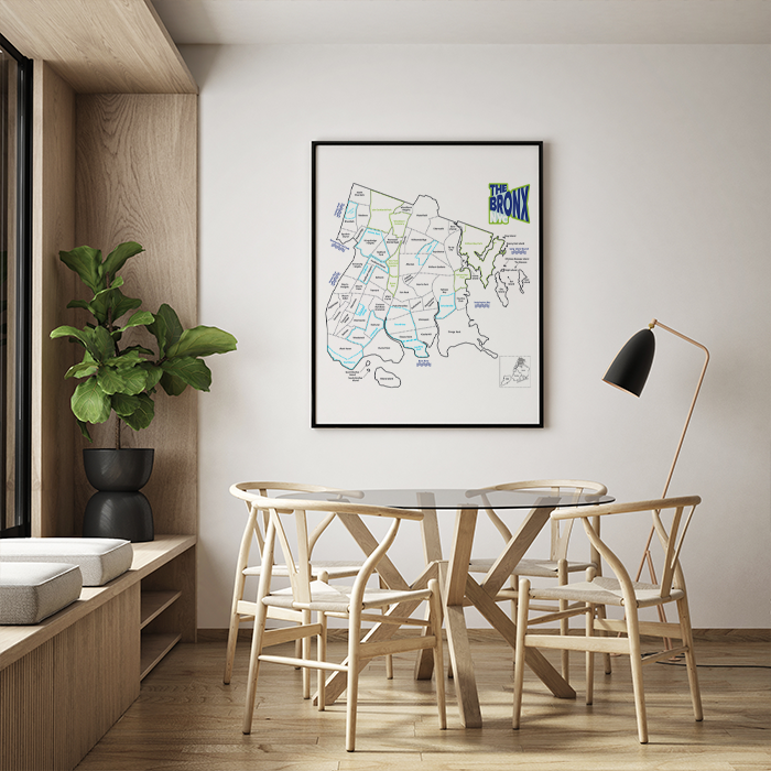 Apartment interior with a large NYC map of the Bronx neighborhoods