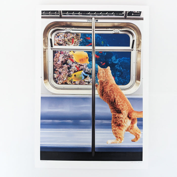 Digital collage of an orange cat inside a subway train with an underwater scene outside the window.