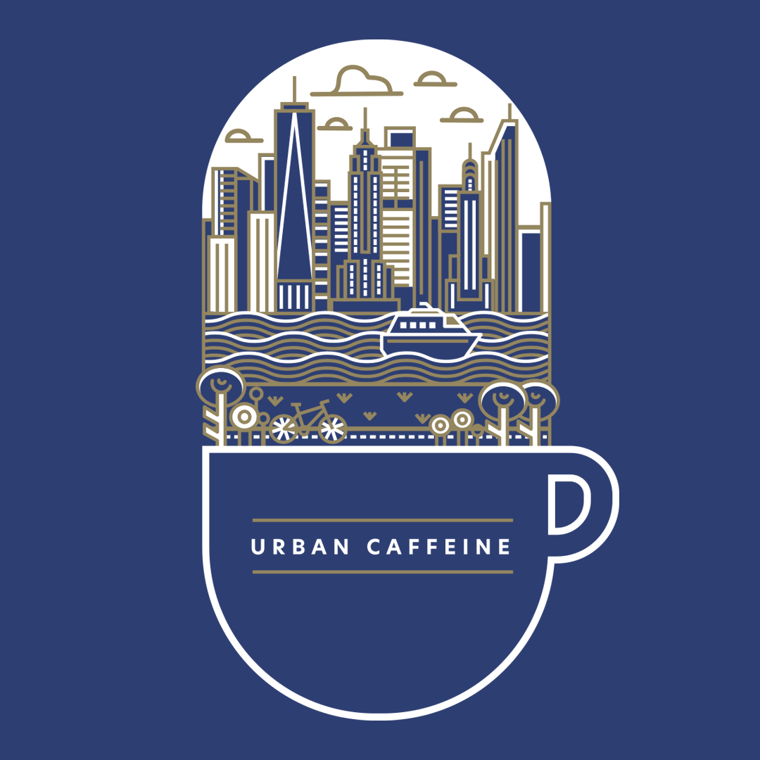 Detail of graphic design of New York City skyline with a river, ferry, and bike trail coming out of a cup mug with the words Urban Caffeine